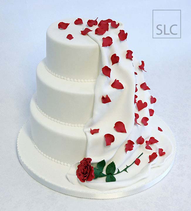 Sugar Crafted Rose with Sugar Petals & Drape, 3 tier Wedding Cake