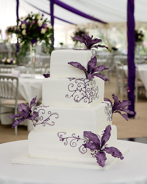 Four Tier White Iced with Purple Orchids
